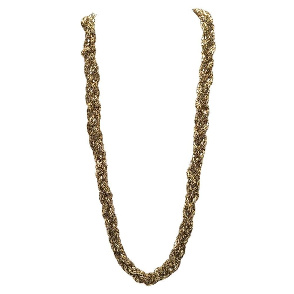 Gold Tone Metal Mesh Braided Chain Necklace With Adjustable Clasp Vintage